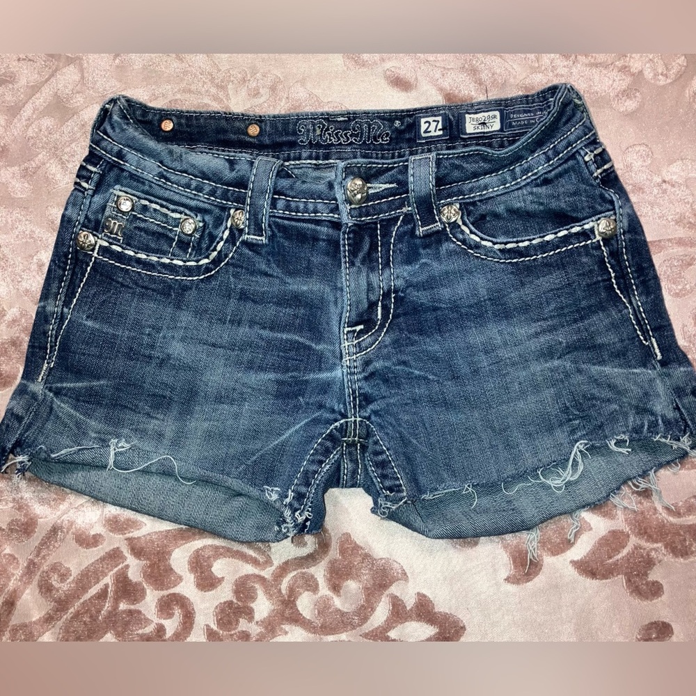 Miss Me Distressed Dark Blue Denim Cutoff Shorts